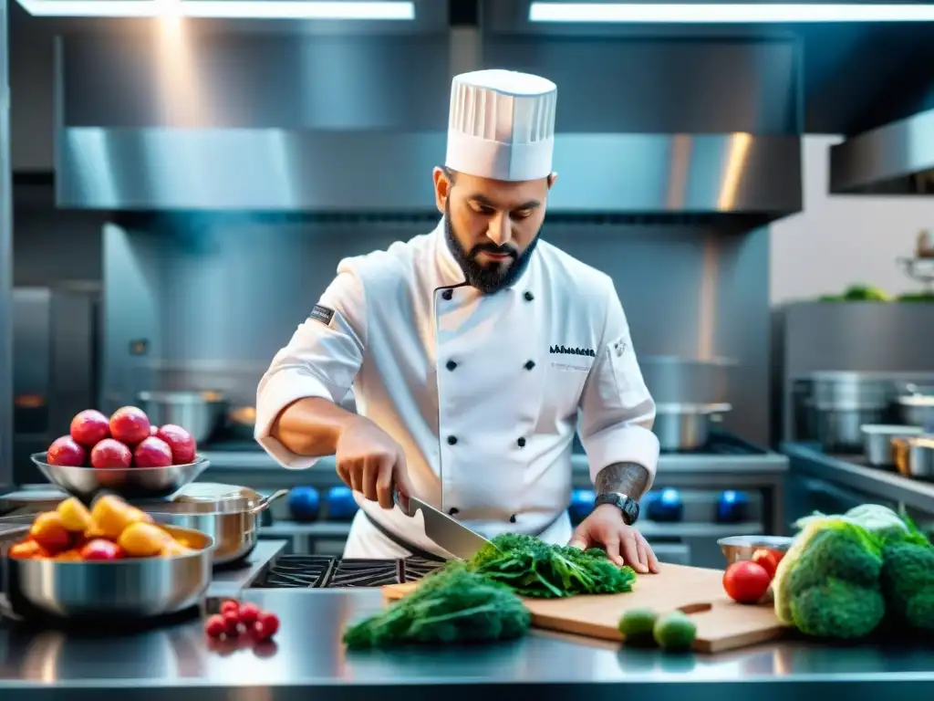 Un chef pasteurizando ingredientes gourmet en una cocina impecable, con vapor y colores vibrantes