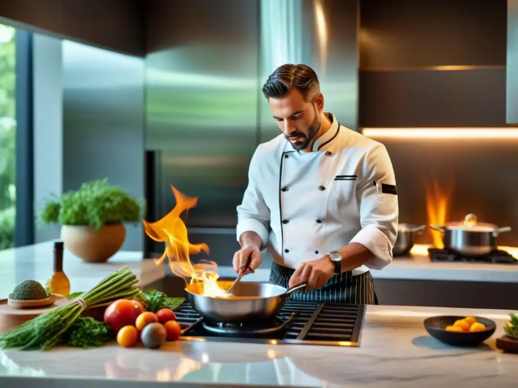 Un chef transforma ingredientes gourmet en un elegante ambiente de cocina, con temperatura controlada