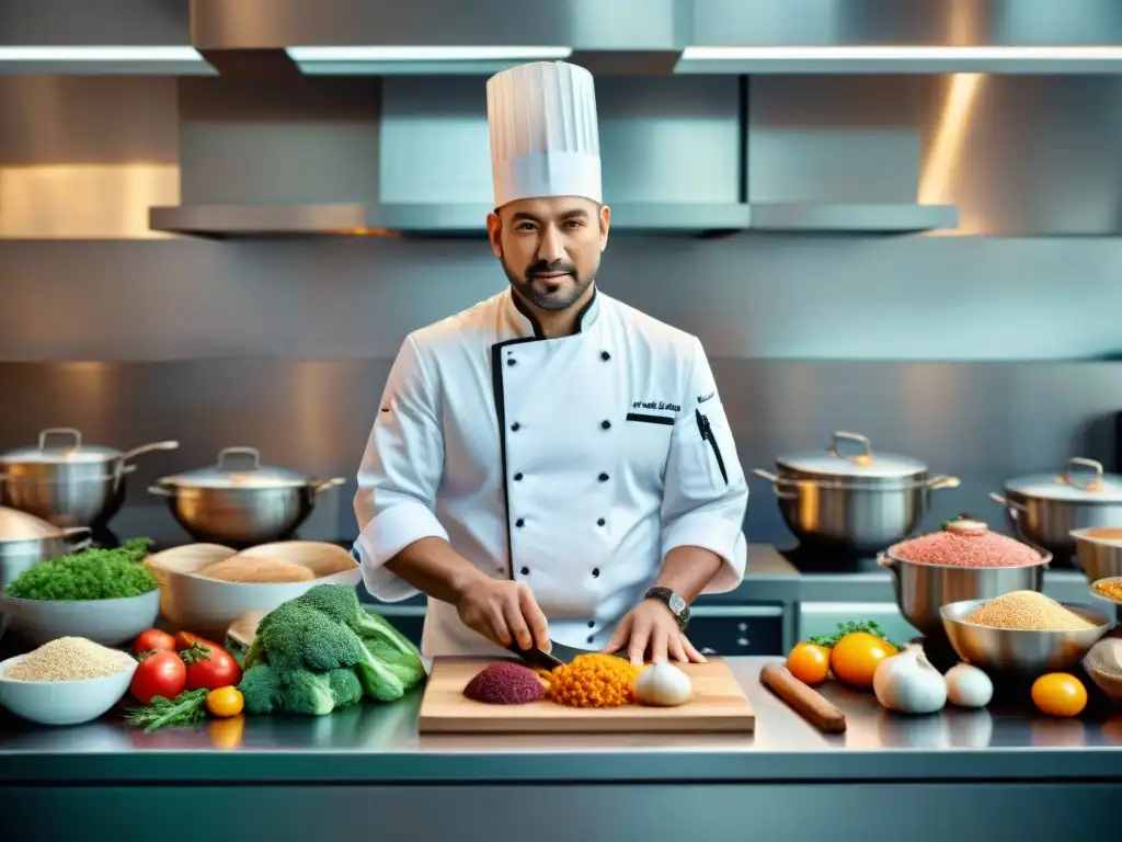 Un chef fusionando ingredientes de todo el mundo en una cocina moderna, reflejando la innovación en fusiones culinarias internacionales