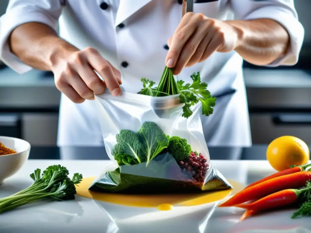 Un chef sellando ingredientes al vacío para cocinar, resaltando la precisión y arte de la cocina al vacío