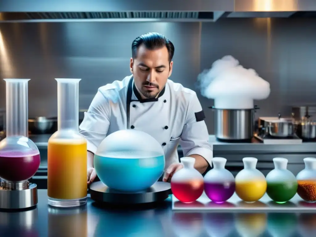 Un chef innovador en una cocina de gastronomía molecular avanzada, creando espumas delicadas con precisión y arte