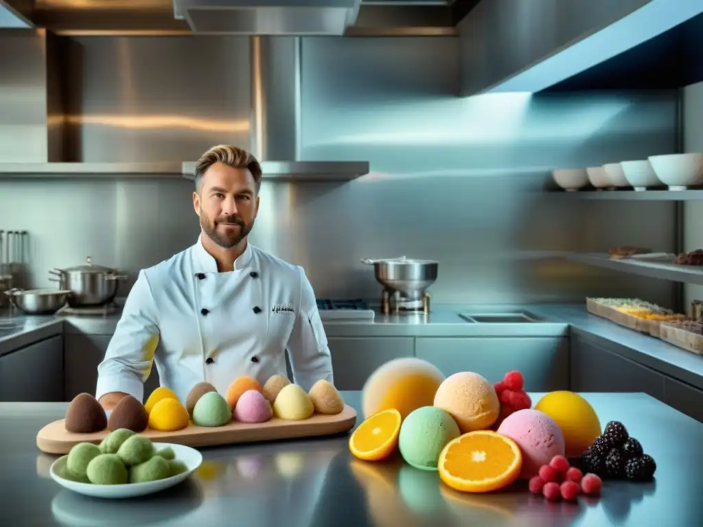 Un chef innovador en una cocina moderna creando helados y sorbetes creativos