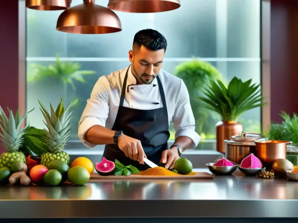 Chef fusionando sabores: cocina étnica innovadora Un chef innovador prepara una fusión étnica en una cocina moderna con ingredientes exóticos y especias