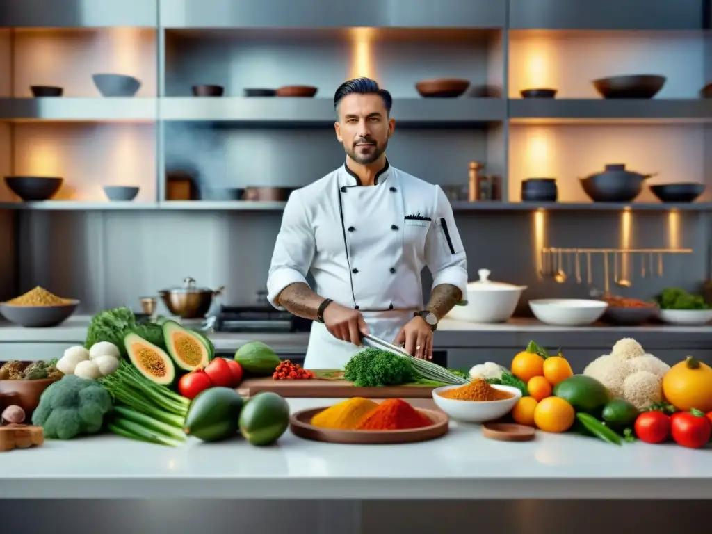 Un chef innovador mezcla ingredientes exóticos en una cocina moderna, representando la fusión culinaria