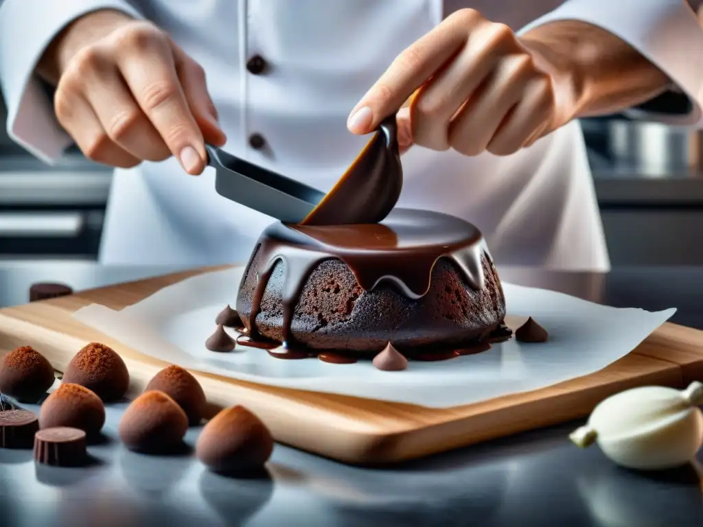 Un chef innovador sellando un pastel de lava de chocolate, destacando postres creativos técnica vacío