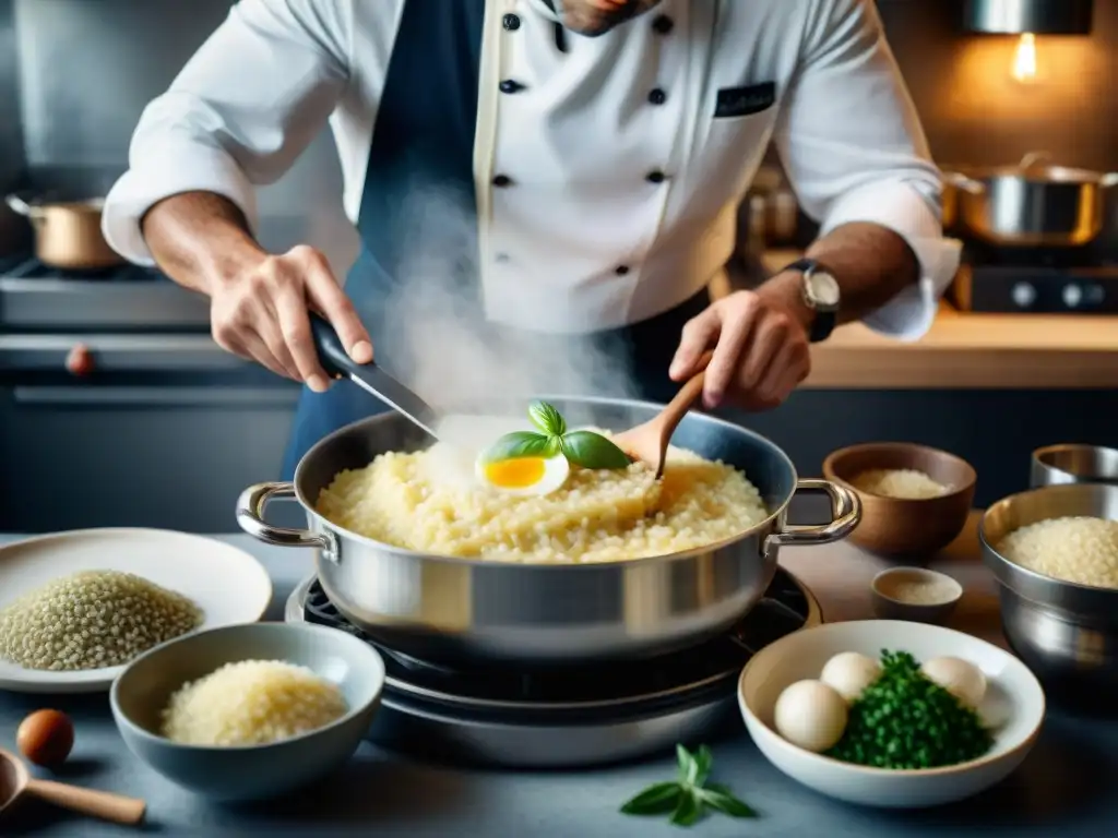 Un chef italiano experto removiendo risotto en una cocina bulliciosa