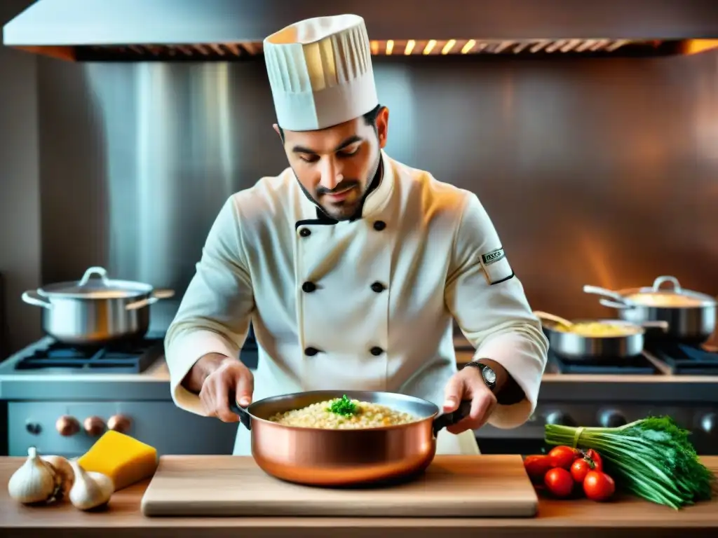 Un chef italiano experto removiendo risotto en una olla de cobre, rodeado de ingredientes frescos