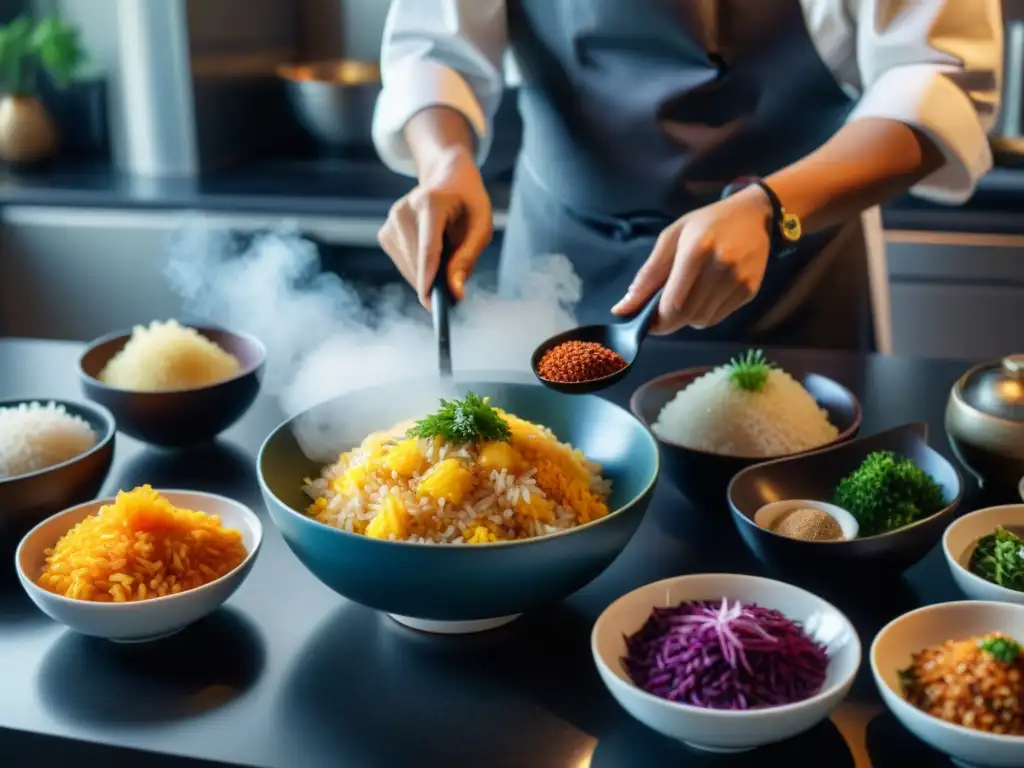 Chef japonés preparando arroces coloridos y aromáticos en cocina moderna