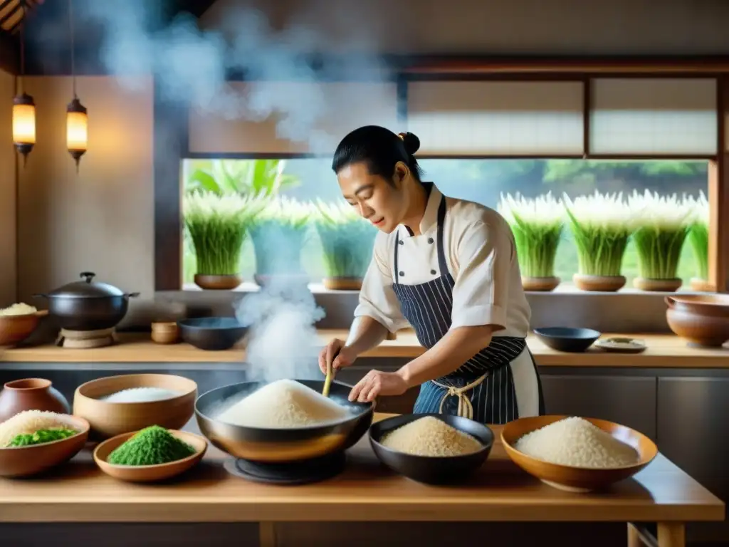 Un chef japonés preparando arroz en un entorno tradicional, capturando las formas de preparación de arroz