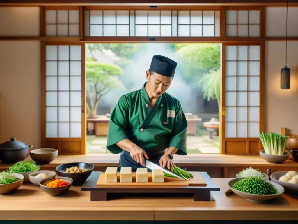 Chef japonés preparando tofu con beneficios del tofu en cocina