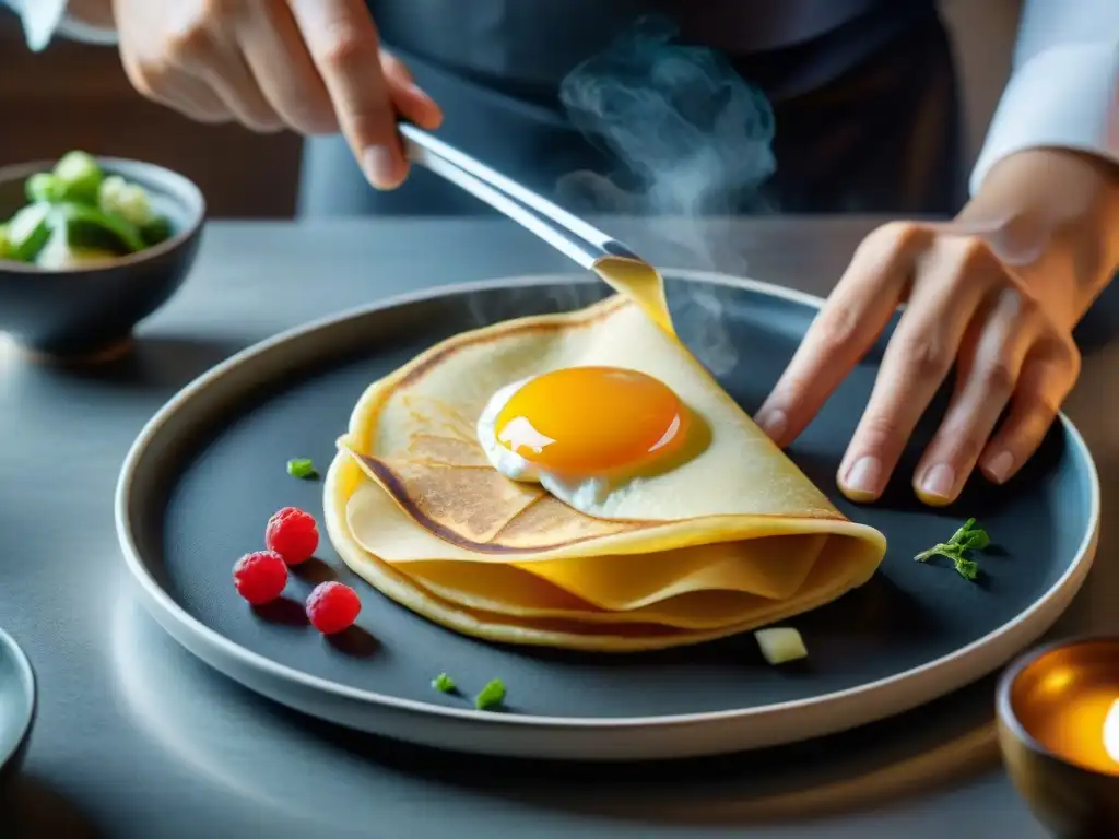 Un chef japonés experto elabora crepes japoneses gourmet exquisitos con destreza y arte en una cocina japonesa tradicional y moderna