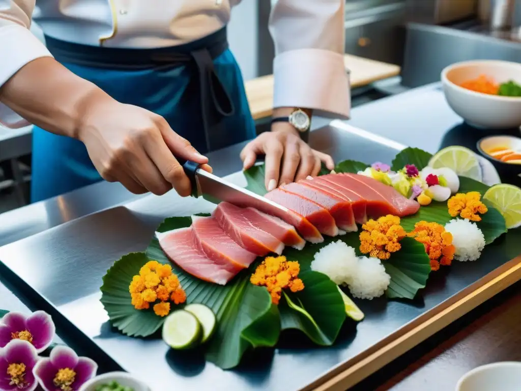 Un chef japonés experto preparando pescados mariscos con precisión en una cocina tradicional japonesa