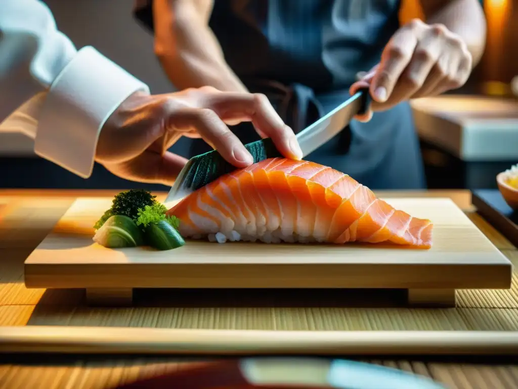 Un chef japonés experto cortando sashimi fresco con precisión y destreza en un elegante bar de sushi