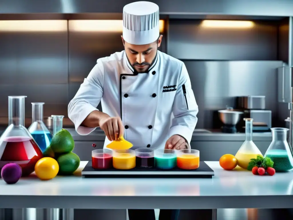 Un chef en laboratorio de cocina moderna usando equipamiento científico