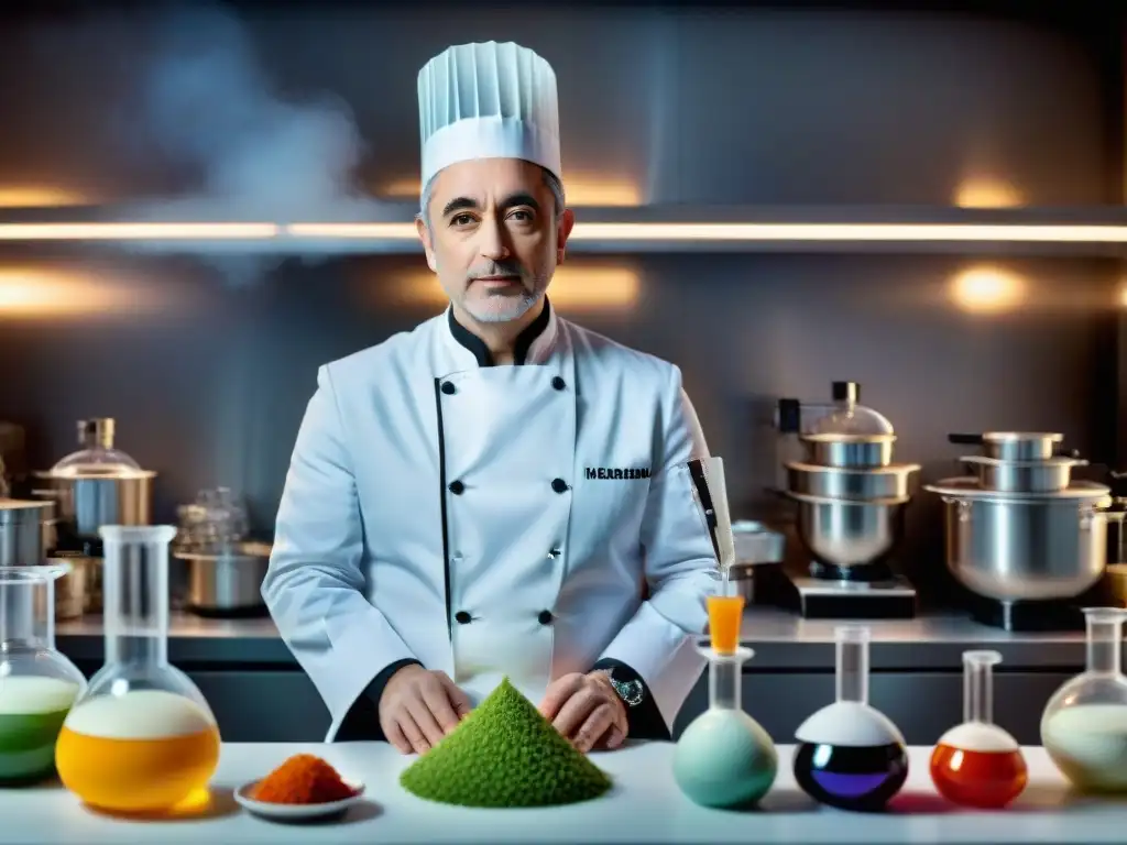 Chef Ferran Adrià en su laboratorio culinario rodeado de equipo futurista y herramientas de gastronomía molecular, creando obras culinarias