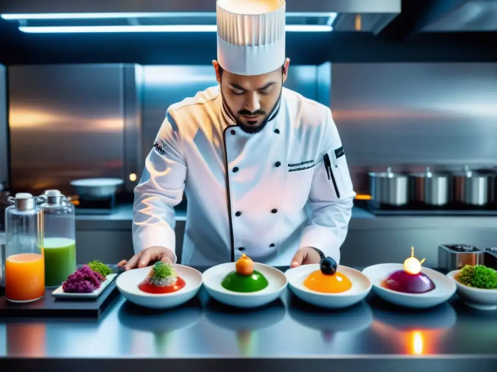 Un chef de gastronomía molecular en su laboratorio moderno creando obras culinarias coloridas y complejas