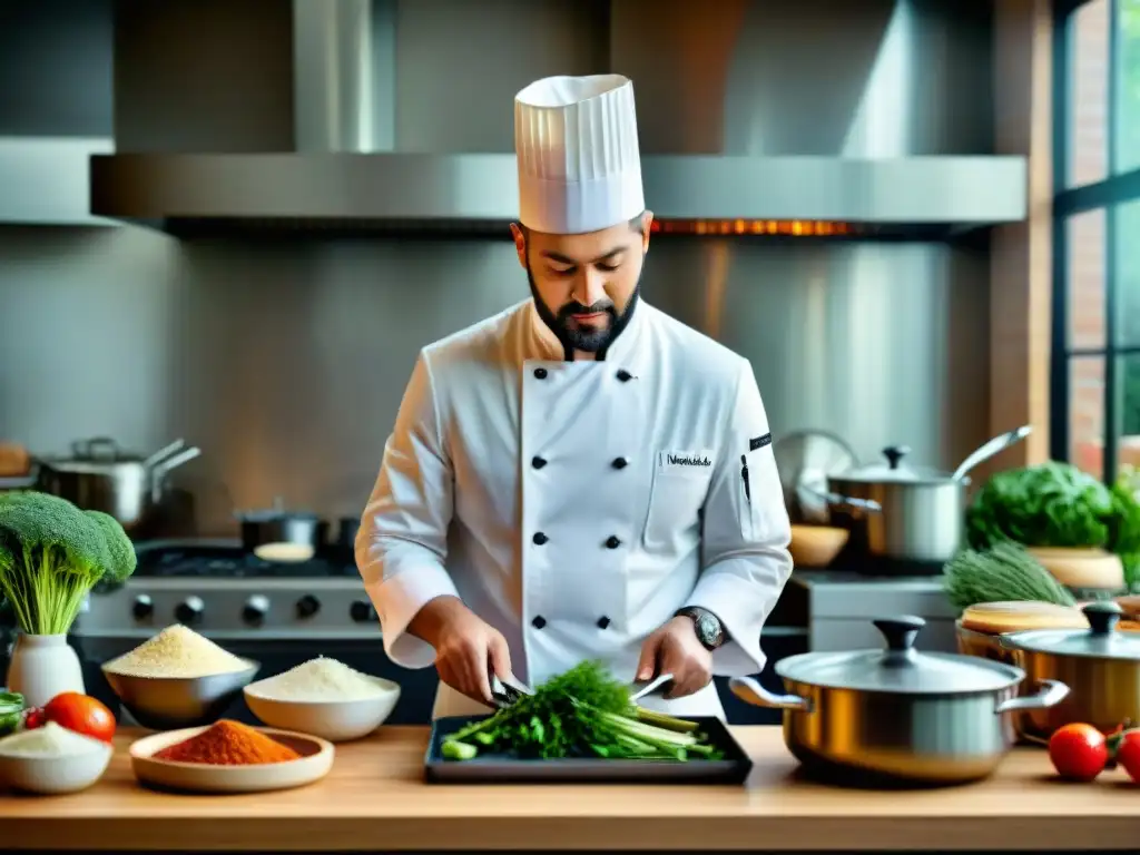 Un chef legendario en una cocina bulliciosa, rodeado de ingredientes frescos, ollas y sartenes