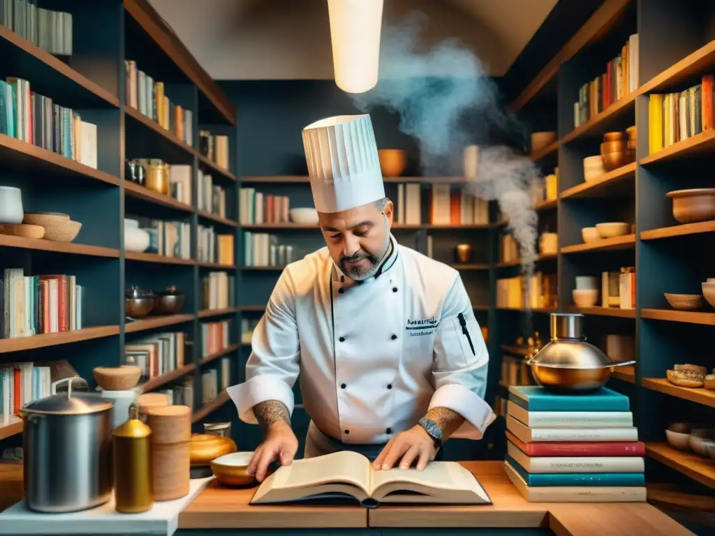 Un chef legendario prepara una delicia gourmet rodeado de libros sobre chefs legendarios gourmet en una cocina bulliciosa