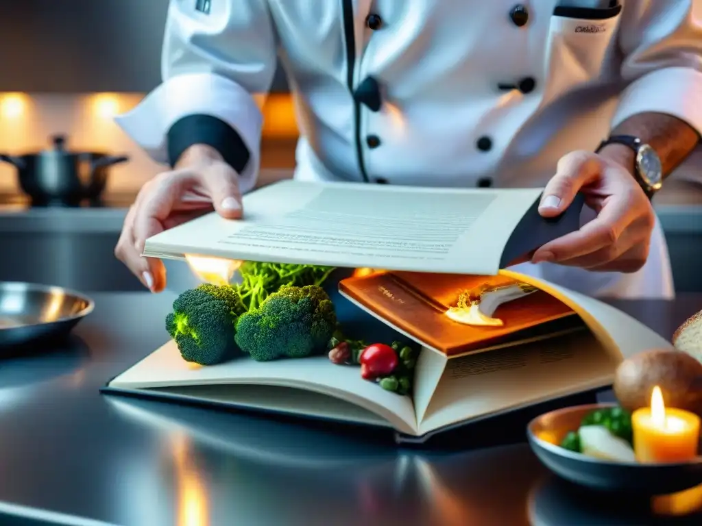 Un chef ojea un lujoso libro de cocina gourmet con imágenes brillantes