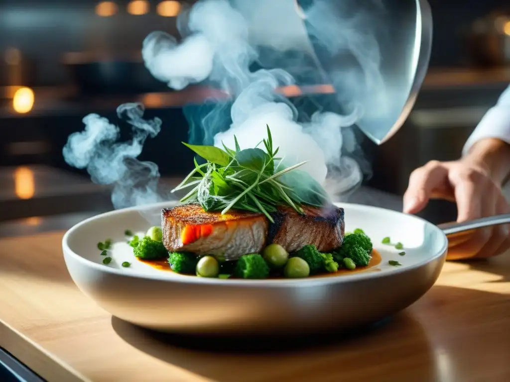 Un chef maestro en cocina de fusión gourmet internacional, creando plato visualmente impresionante