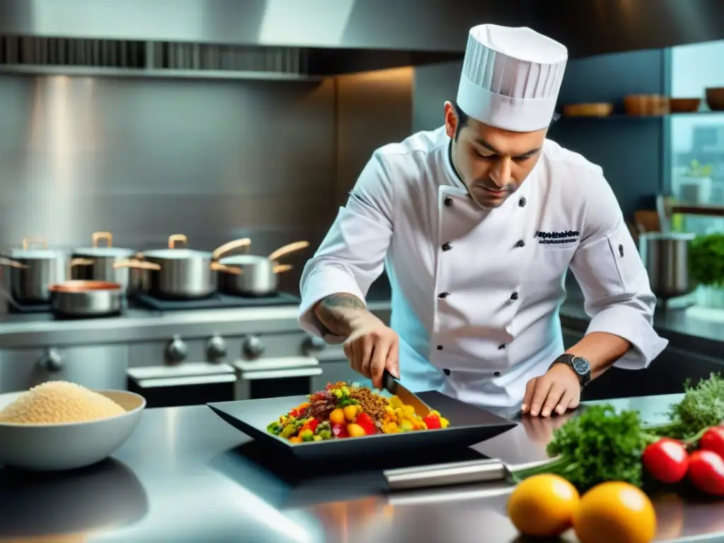 Un chef maestro en cocina gourmet preparando un exquisito platillo en un estudio de cocina moderno y elegante