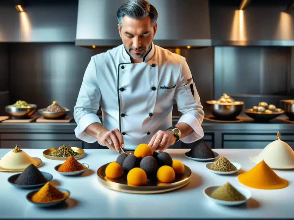 Un chef maestro en una cocina de lujo con ingredientes secretos y técnicas gourmet