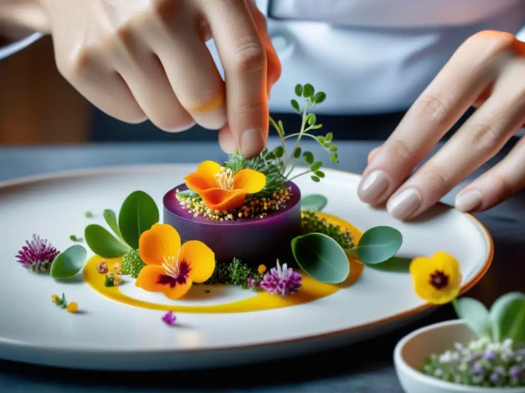 Un chef maestro experto en presentación de alimentos gourmet, cuidadosamente coloca flores comestibles en un plato bellamente decorado