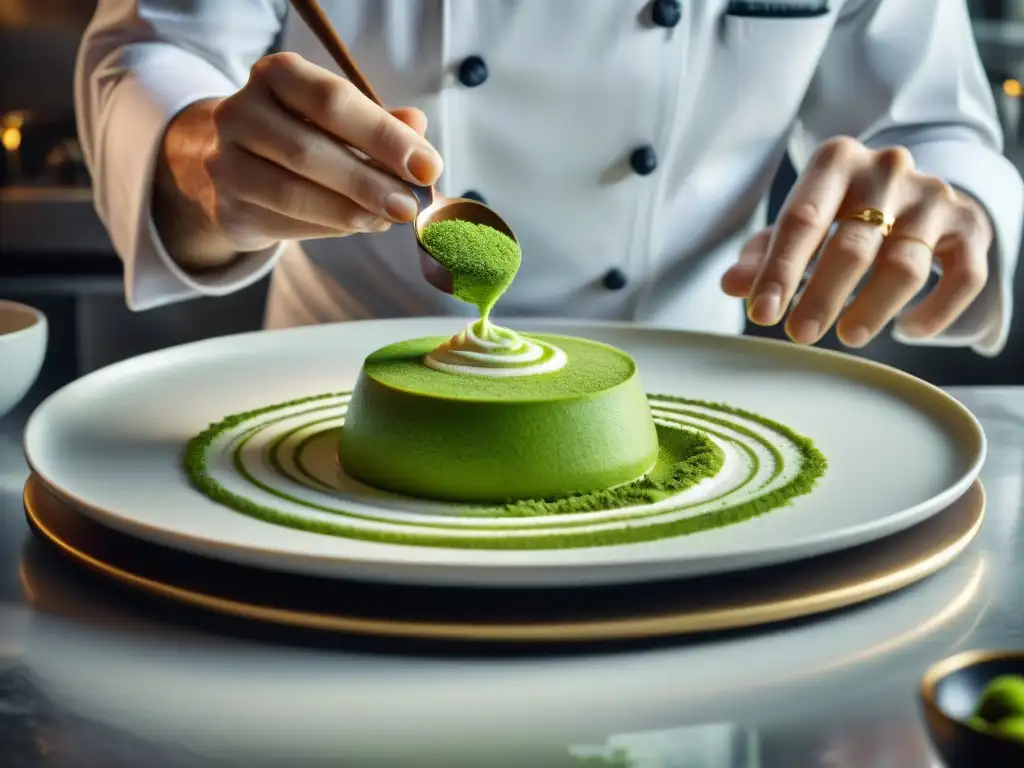 Un chef maestro espolvorea polvo de Té Matcha sobre un exquisito postre en un elegante restaurante