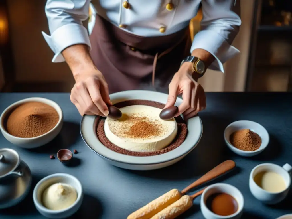 Chef maestro preparando receta auténtica tiramisú italiano en cocina tradicional