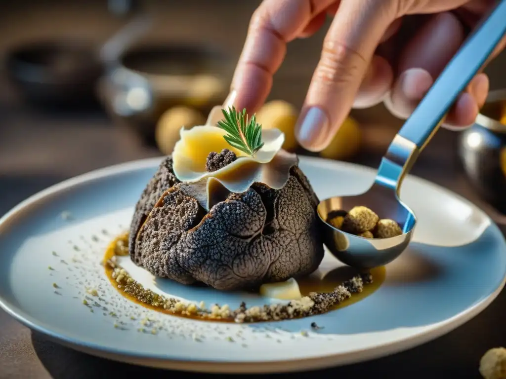 Un chef maestro realza una trufa negra sobre un exquisito plato, mostrando su marbelo y aroma terroso