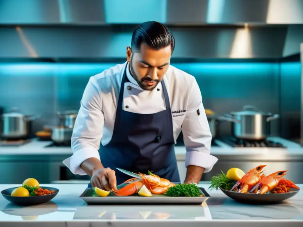 Un chef preparando mariscos exóticos gourmet en cocina de lujo