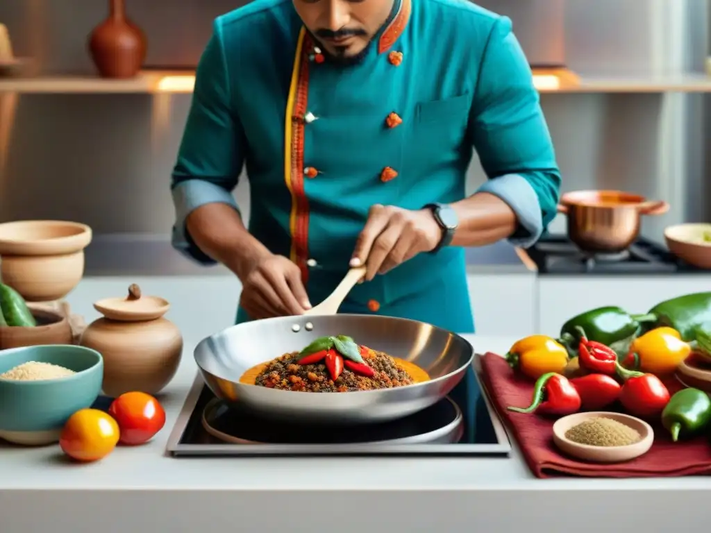 Un chef maya preparando platillo con ingredientes ancestrales en cocina moderna con elementos tradicionales