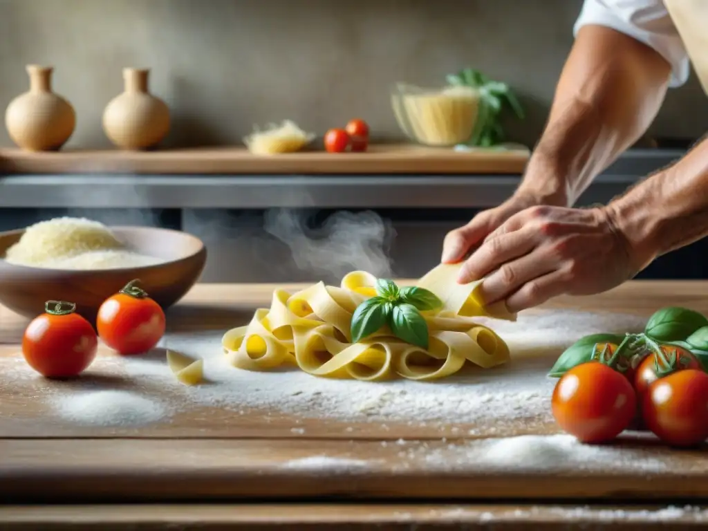 Un chef mediterráneo experto elaborando pasta fresca en una mesa rústica con ingredientes frescos, en una atmósfera cálida