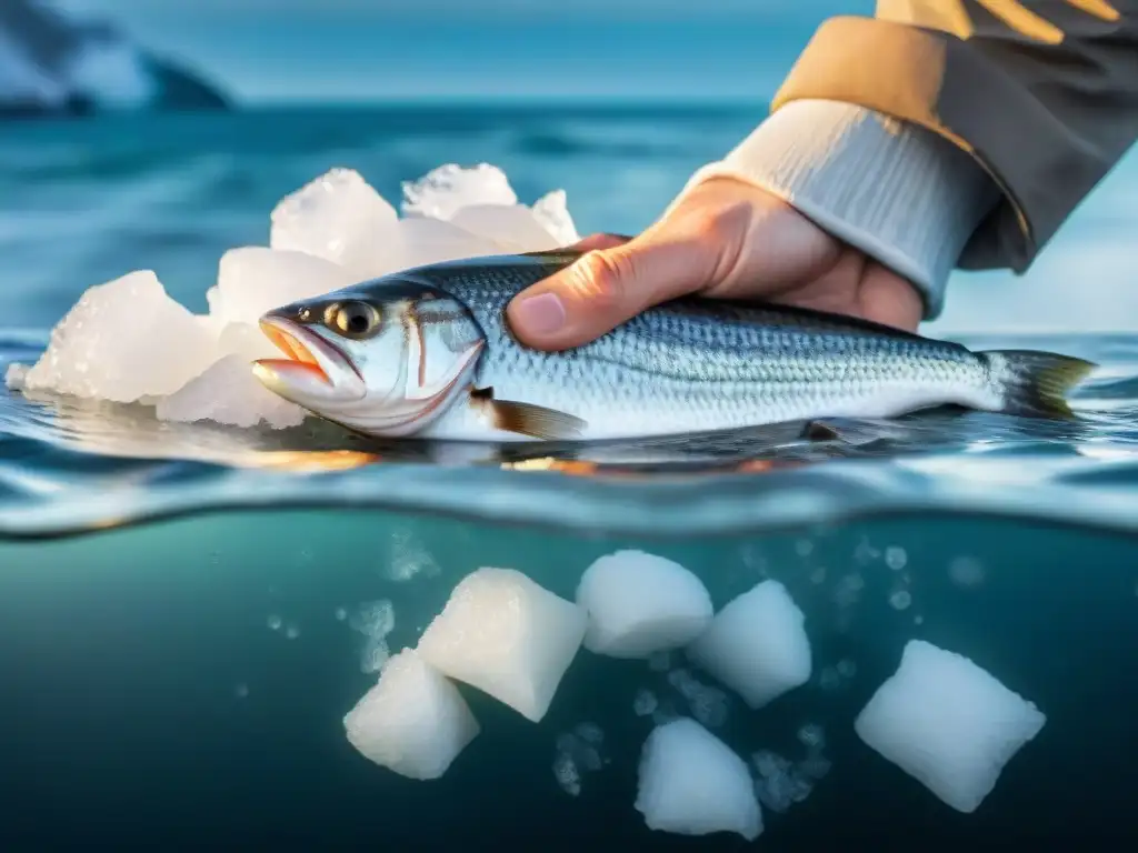 Un chef sazona delicadamente una merluza negra recién capturada en las frías aguas del Sur, con icebergs y el sol antártico de fondo