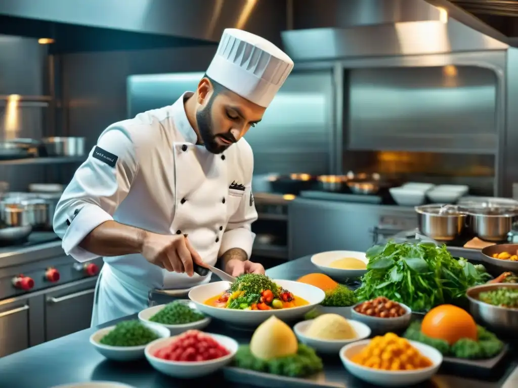 Un chef meticuloso preparando una experiencia gastronómica gourmet única en una cocina de alta gama