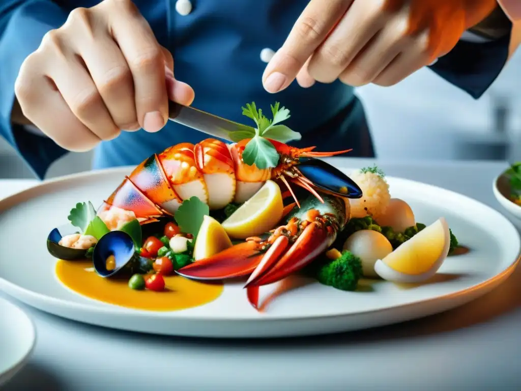 Un chef meticuloso prepara un exquisito plato de mariscos exóticos