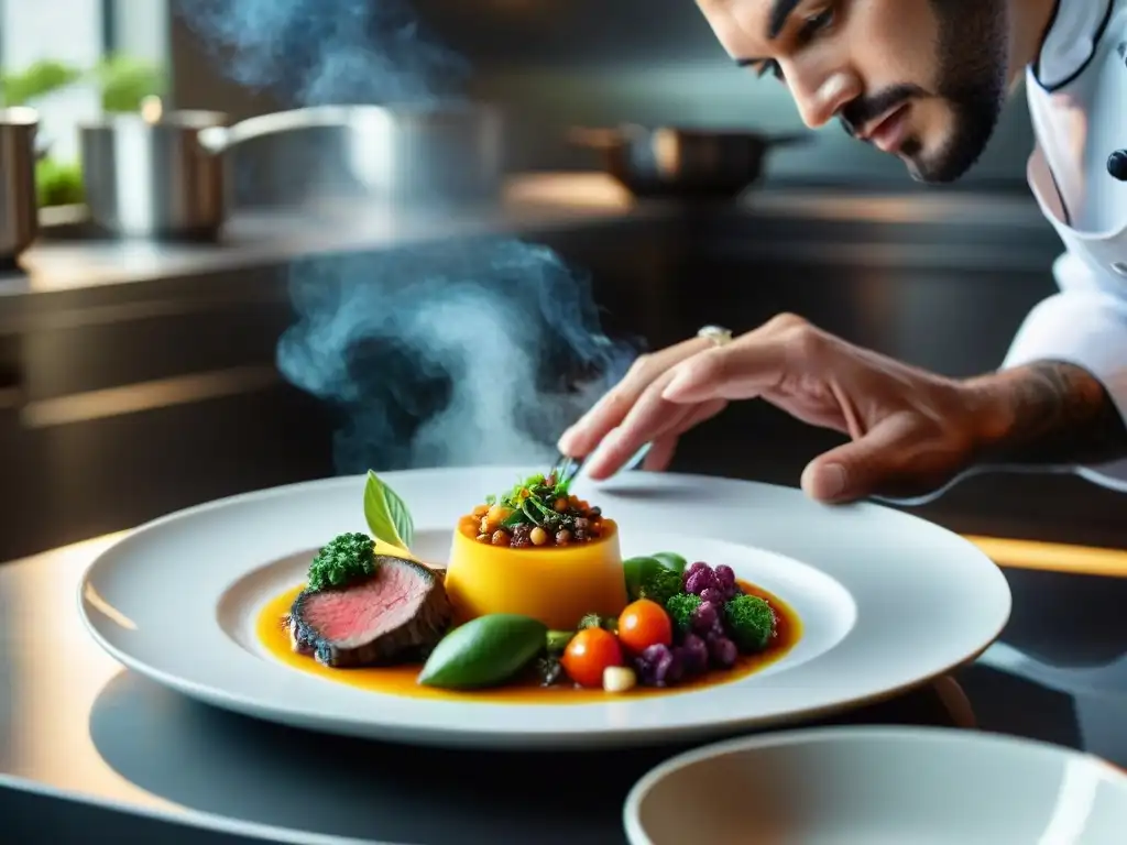 Cocinero creando plato gourmet con precisión y elegancia Un chef meticuloso preparando un exquisito plato gourmet en una cocina moderna y elegante, estrategias narrativas marcas gourmet