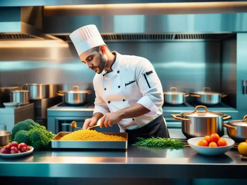 Chef moderno en cocina de alta gama, fusionando recetas antaño con técnicas innovadoras