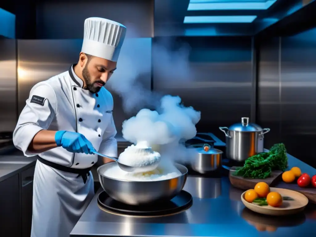 Chef moderno usando nitrógeno líquido en cocina futurista, creando vapor mágico