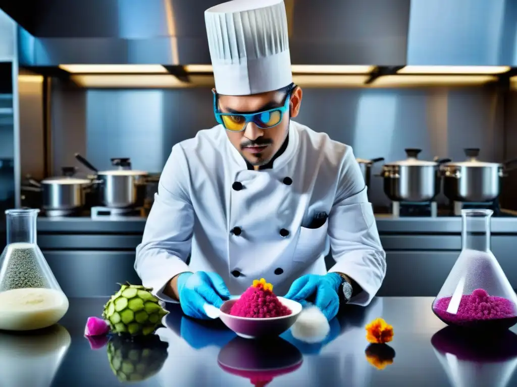 Un chef de gastronomía molecular usando ingredientes exóticos en un laboratorio de cocina moderno