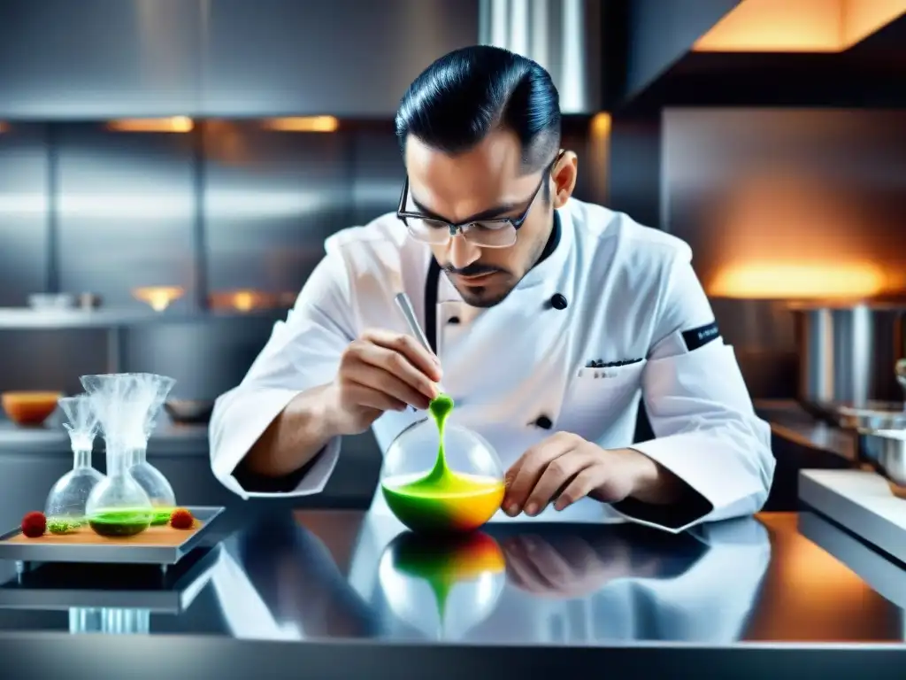 Un chef de gastronomía molecular creando una innovadora experiencia gastronómica con precisión en un laboratorio culinario