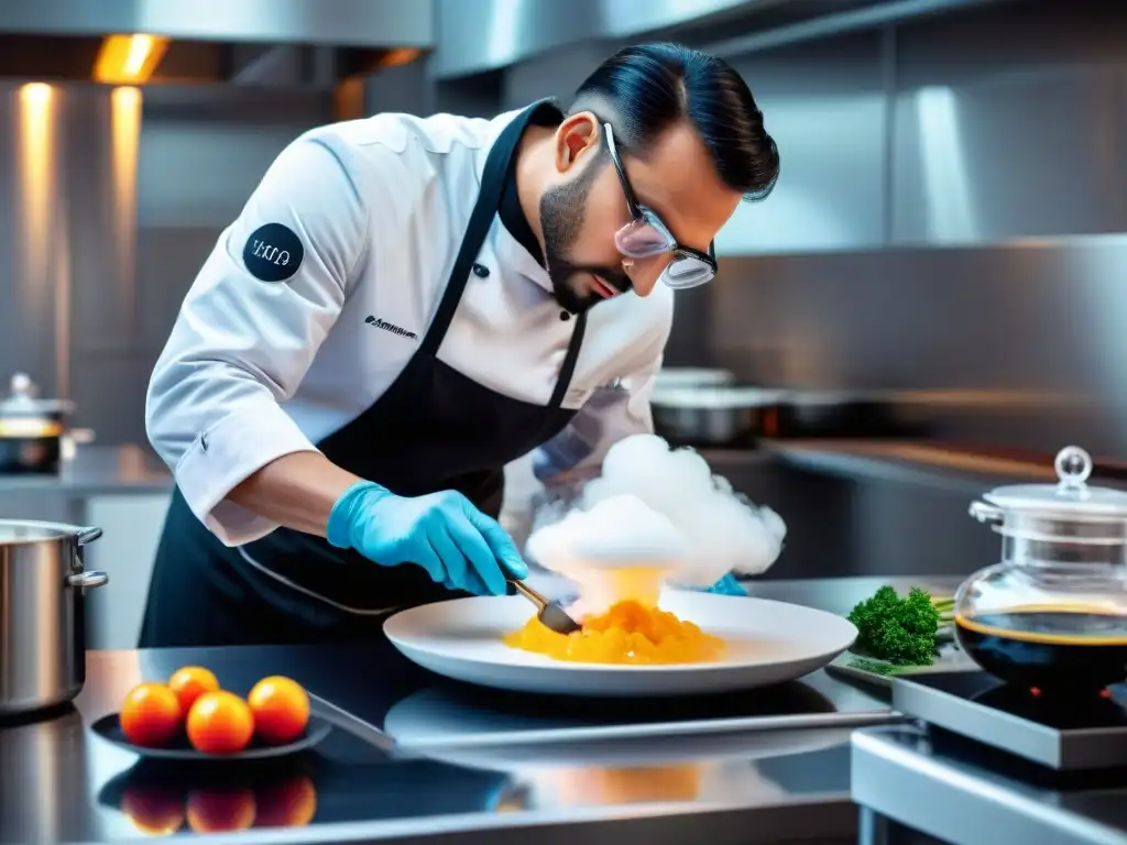 Chef de gastronomía molecular creando plato impresionante con nitrógeno líquido en laboratorio moderno