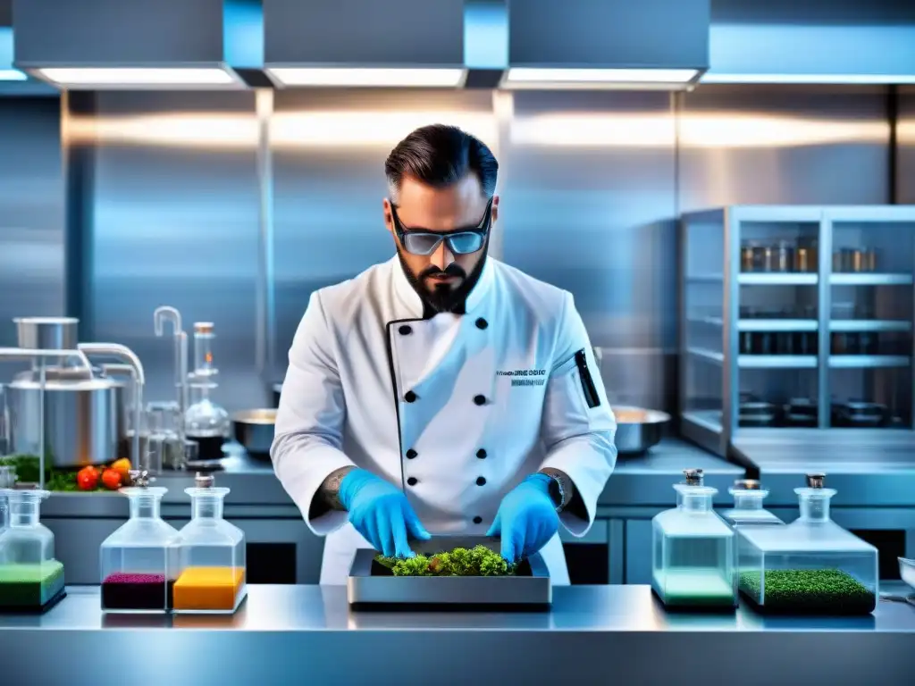 Un chef de gastronomía molecular, rodeado de equipamiento futurista, crea armonías gastronómicas inesperadas ciencia