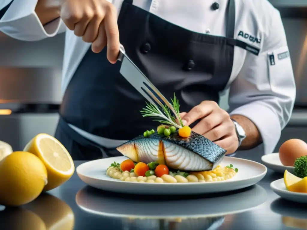 Un chef cortando con precisión el bacalao negro ártico en una cocina moderna y elegante