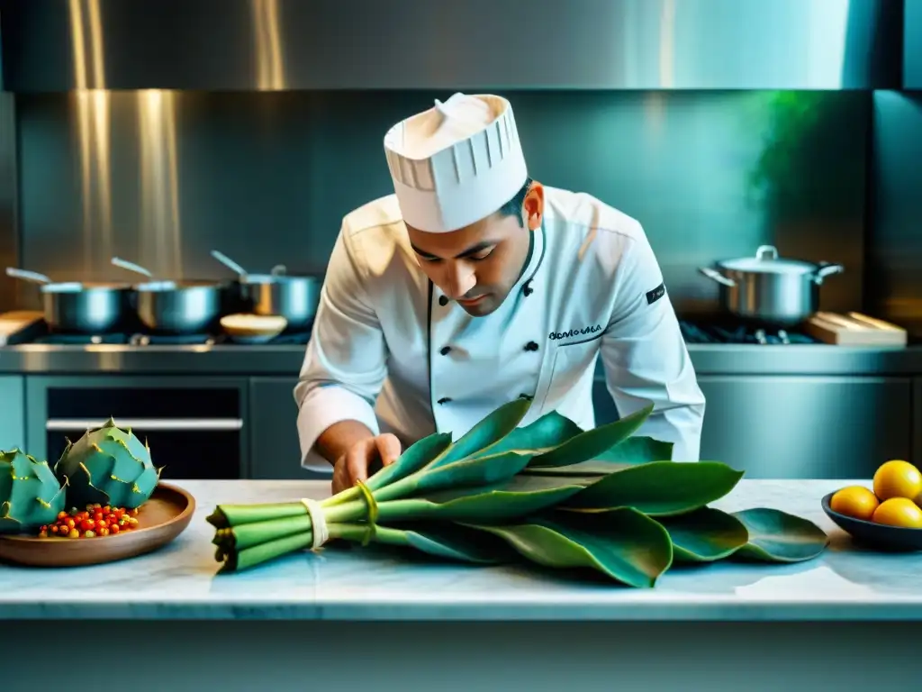 Un chef prepara nopal en la gastronomía actual en una cocina moderna y elegante