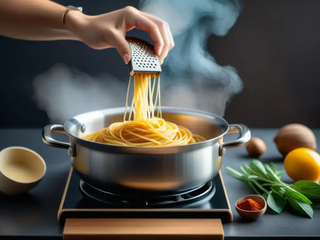 Un chef rallando nuez moscada sobre salsa cremosa en estufa de inducción moderna