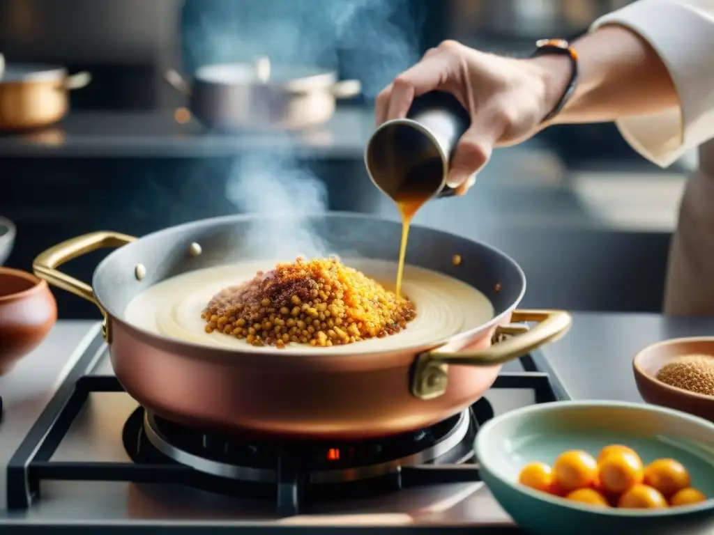 Un chef rallando nuez moscada sobre una salsa cremosa en una cocina moderna llena de platos variados