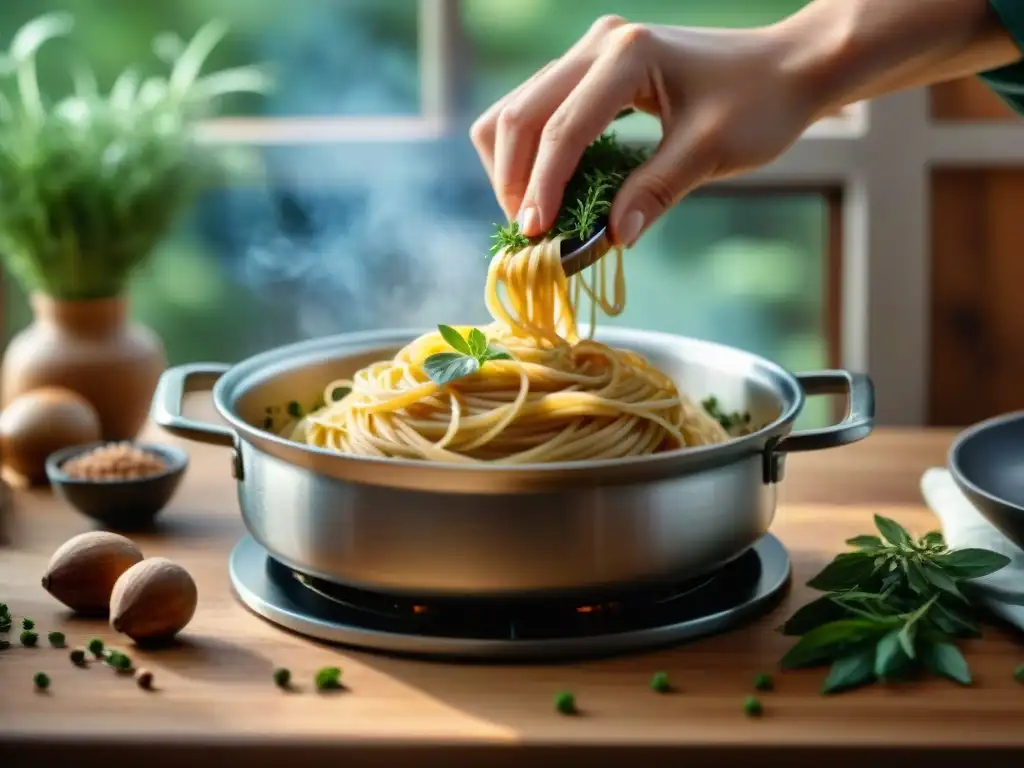 Un chef rallando nuez moscada sobre salsa de pasta cremosa en una cocina moderna