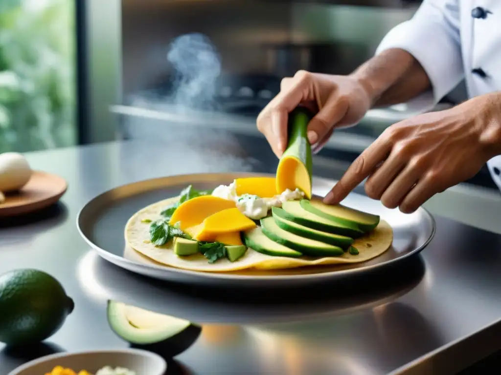 Un chef crea una obra de arte culinaria fusionando ingredientes coloridos en una tortilla