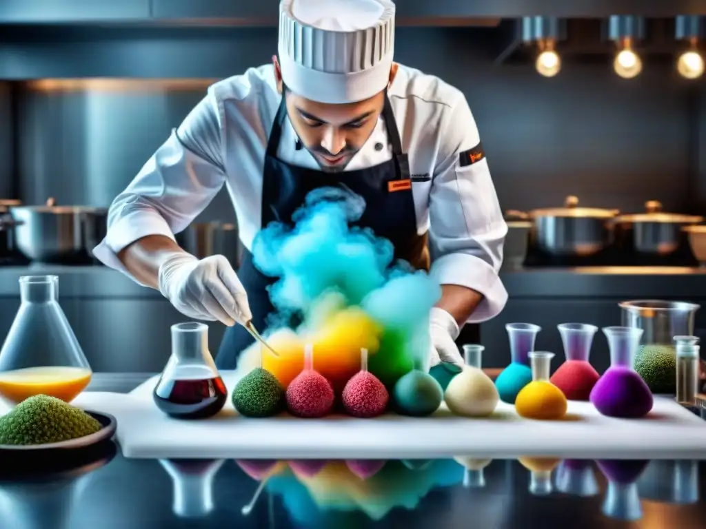 Un chef de gastronomía molecular crea una obra de arte culinaria con precisión